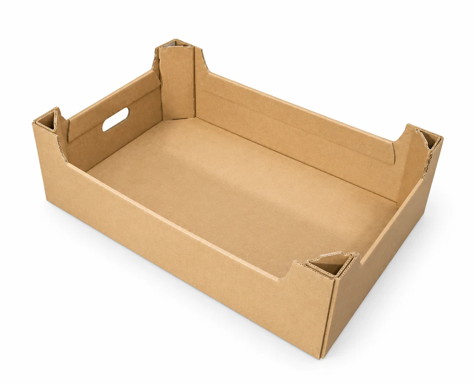 Trays with folded corner supports, illustrative box design with no branding