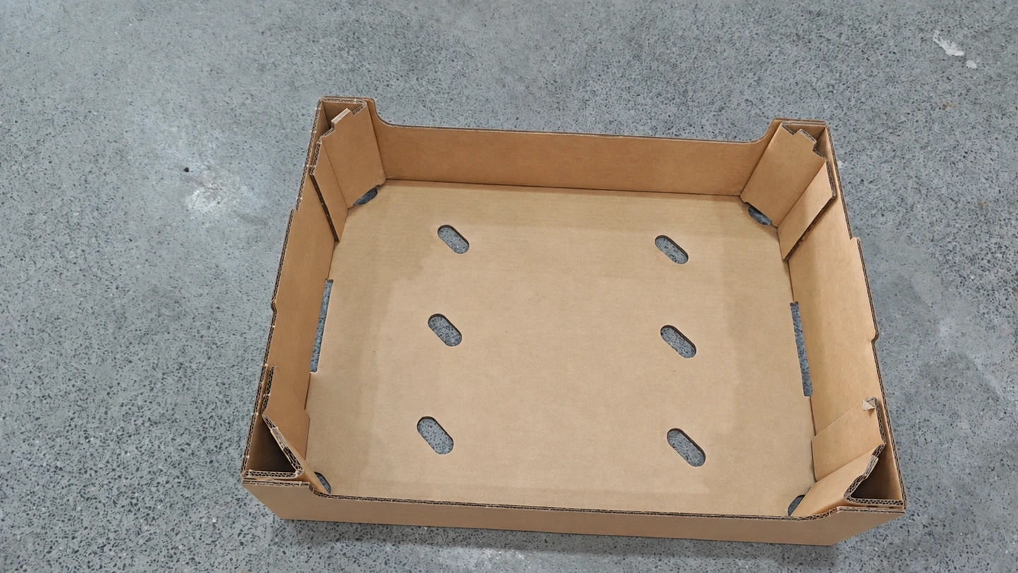 Xunding corrugated fruit tray with folded corner joints; identifying print removed for display