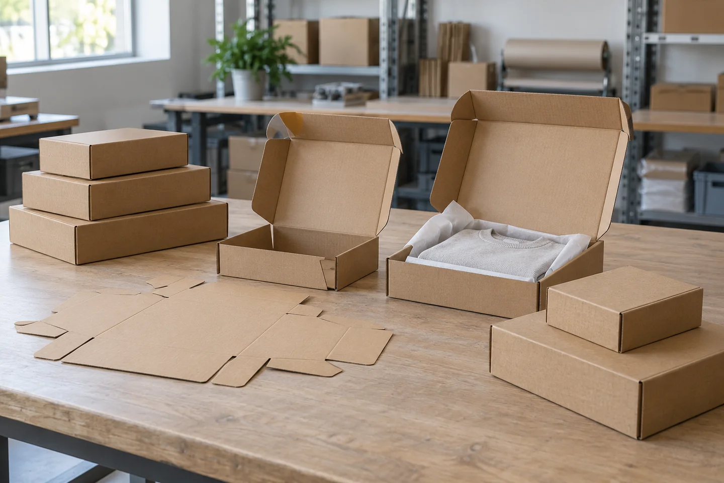 Flat cardboard and formed kraft mailer boxes on a packaging workbench