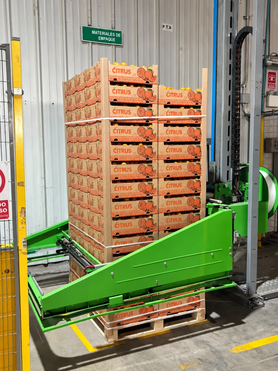 Filled citrus cartons stacked and strapped on a pallet beside downstream packing equipment