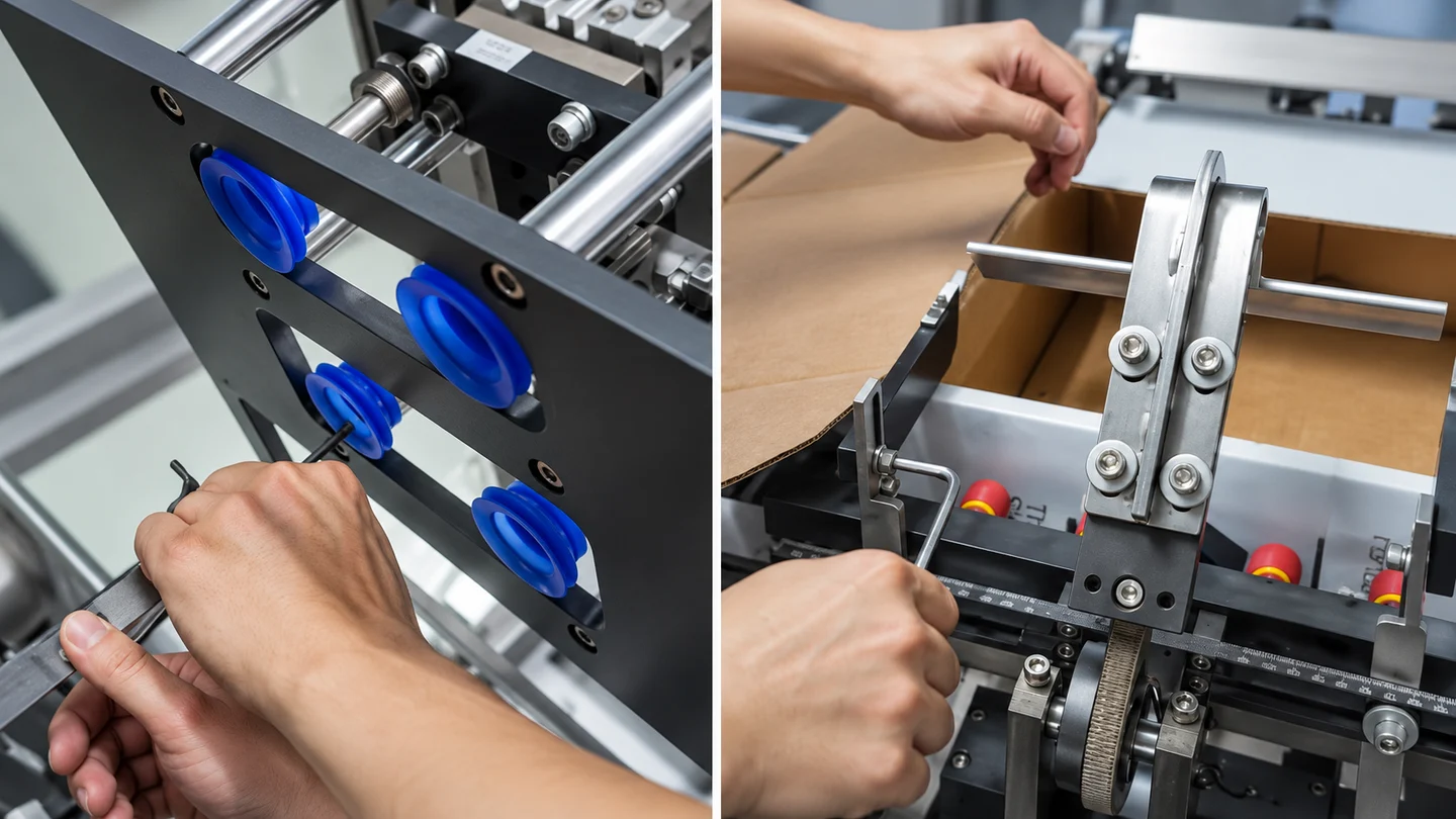 Illustrated close-up comparison of the upper suction-cup tooling and lower forming fixture, based on Xunding changeover videos