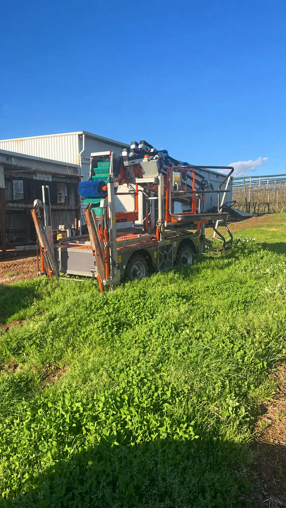 Orchard harvesting platform with conveyors and access rails beside a shed