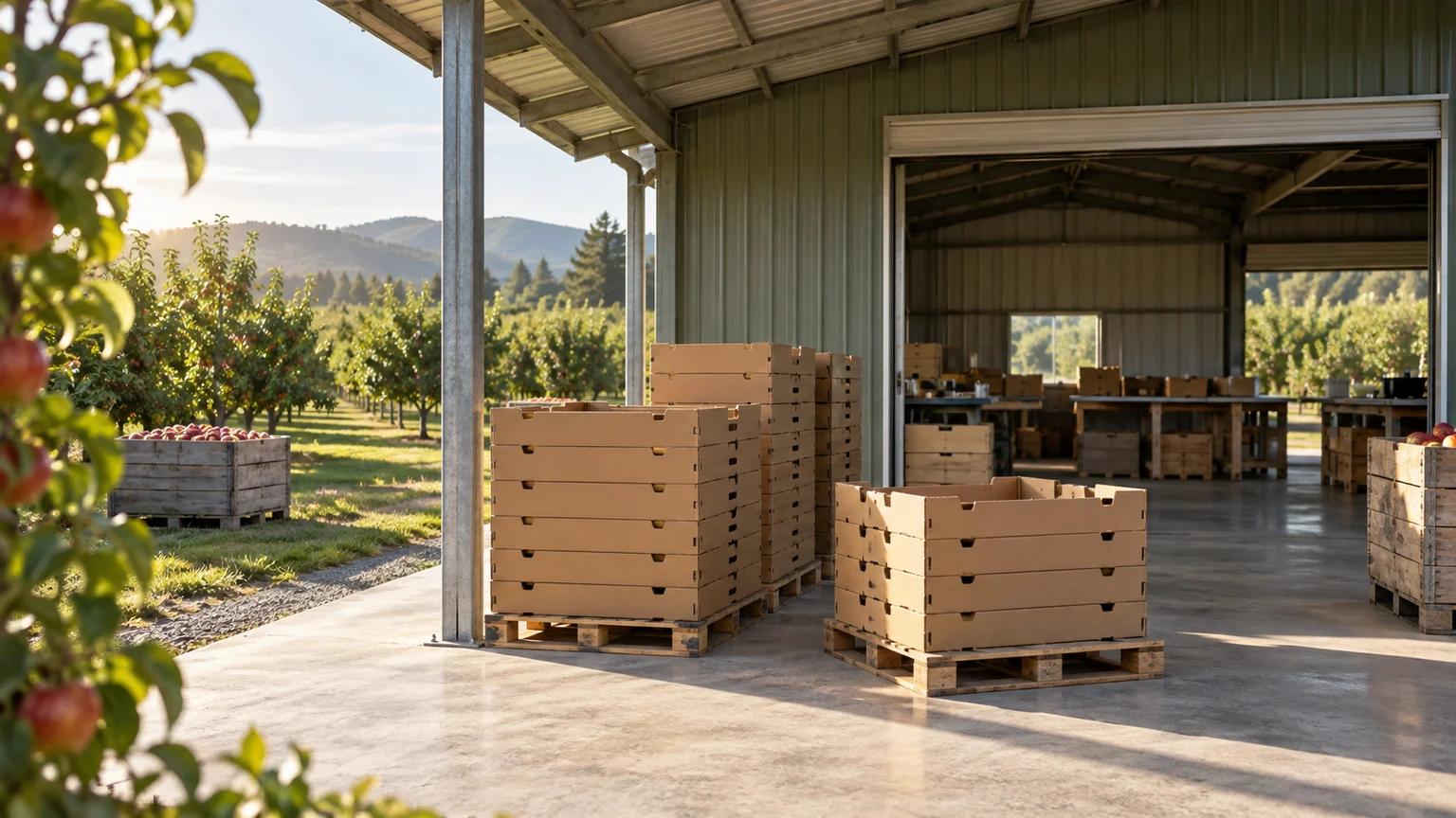 Stacks of plain fruit trays under the roof of a packing shed beside orchard rows