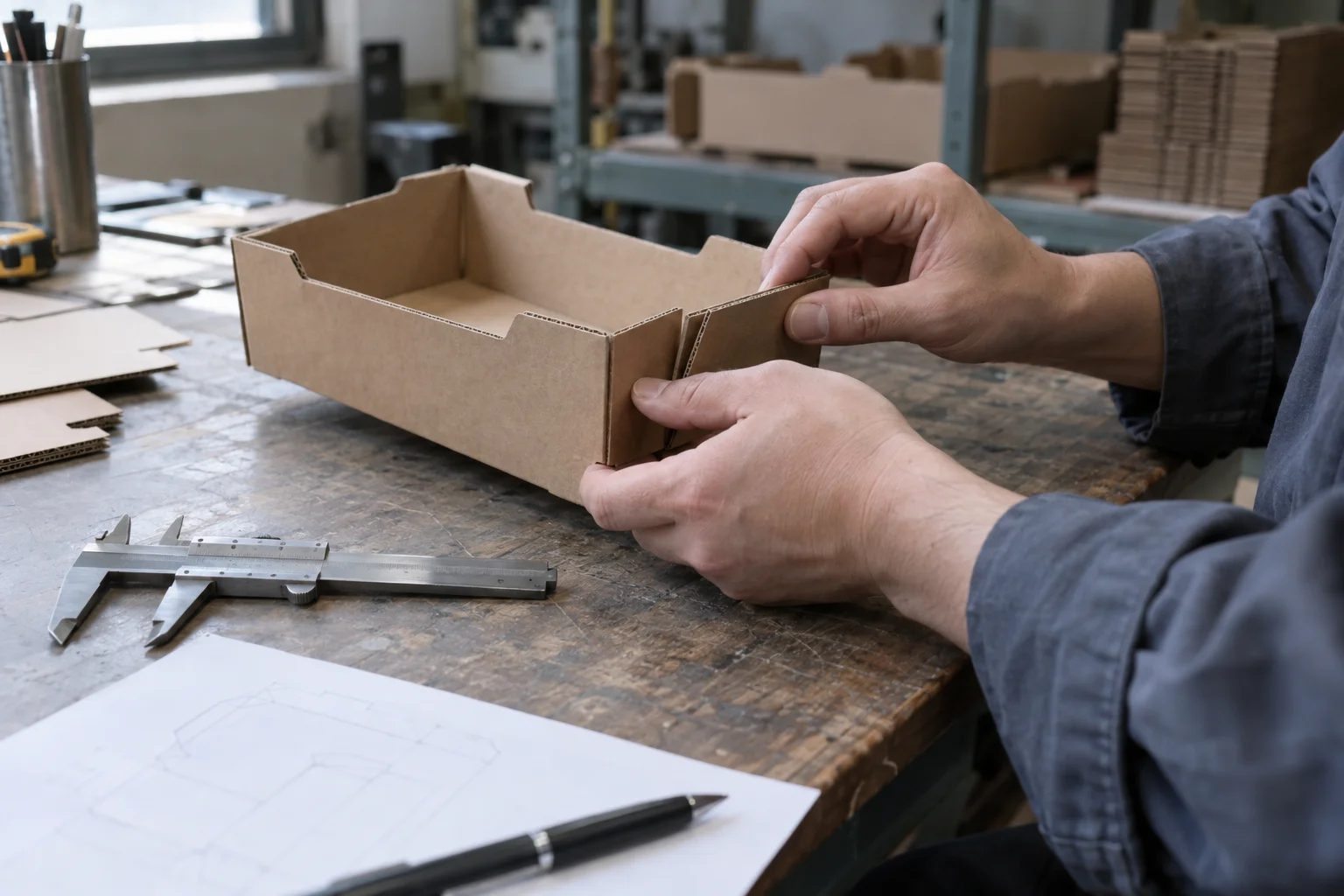 Illustrative scene of hands checking a corrugated tray corner beside a caliper and box drawing