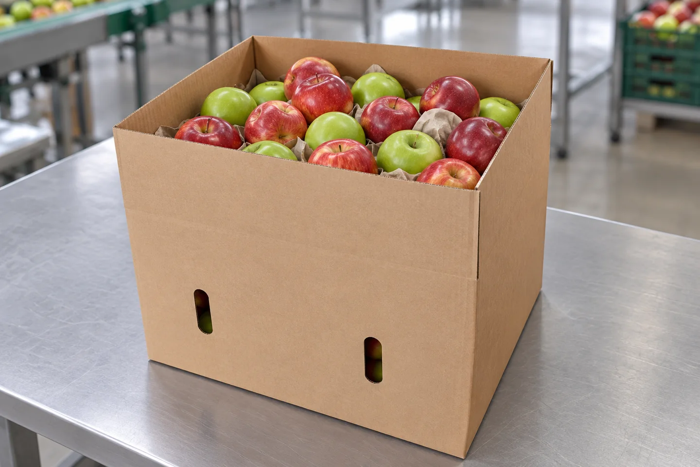 Apples in a deep kraft carton with paired elongated ventilation slots, AI illustration based on the supplied apple box
