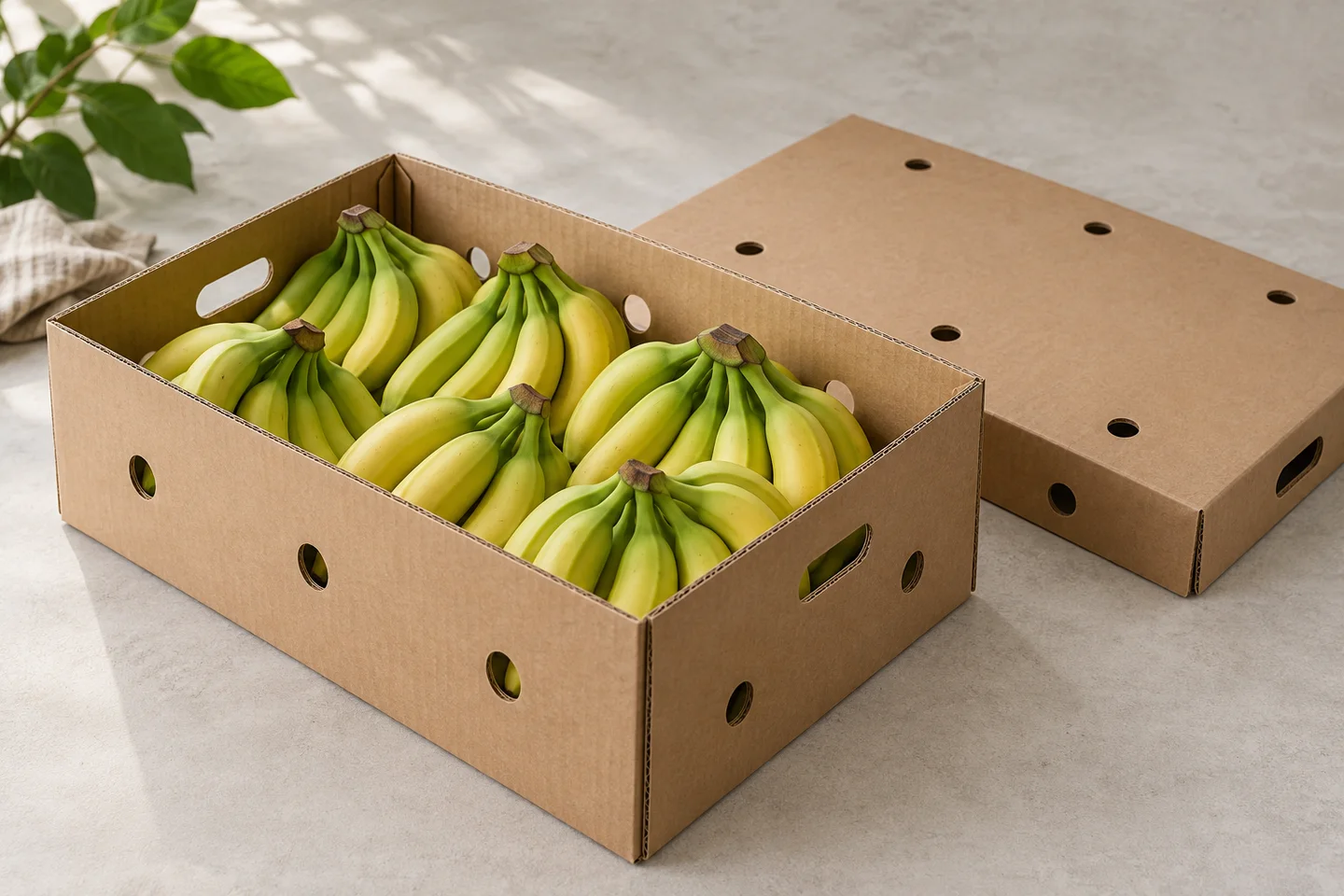 Green and yellow bananas in a deep ventilated corrugated box, AI fruit packaging illustration