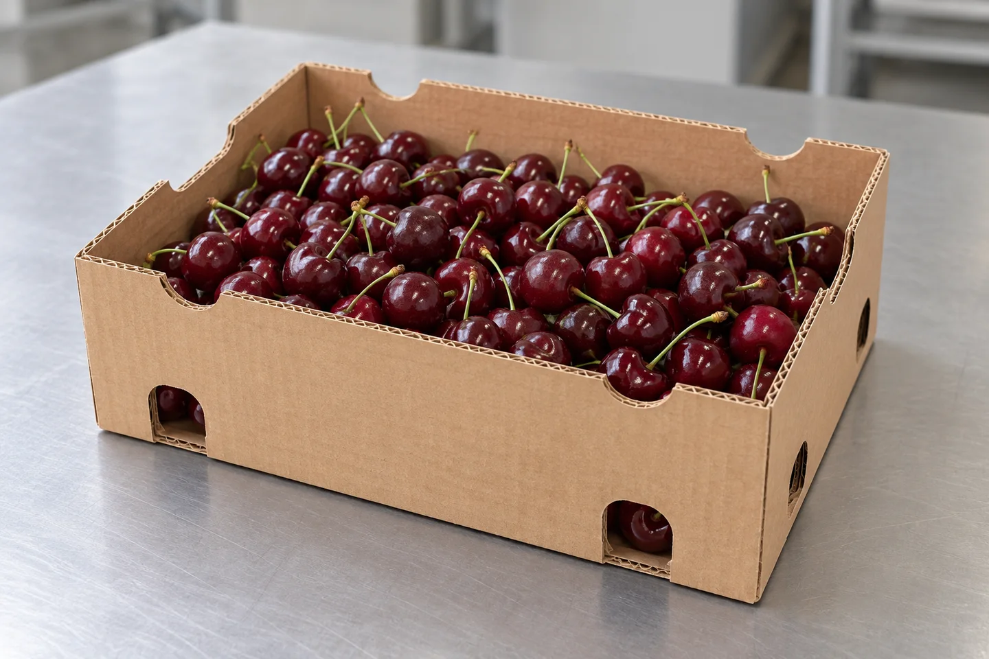 Dark red cherries in a corrugated carton with rounded ventilation openings, AI illustration based on the supplied cherry box