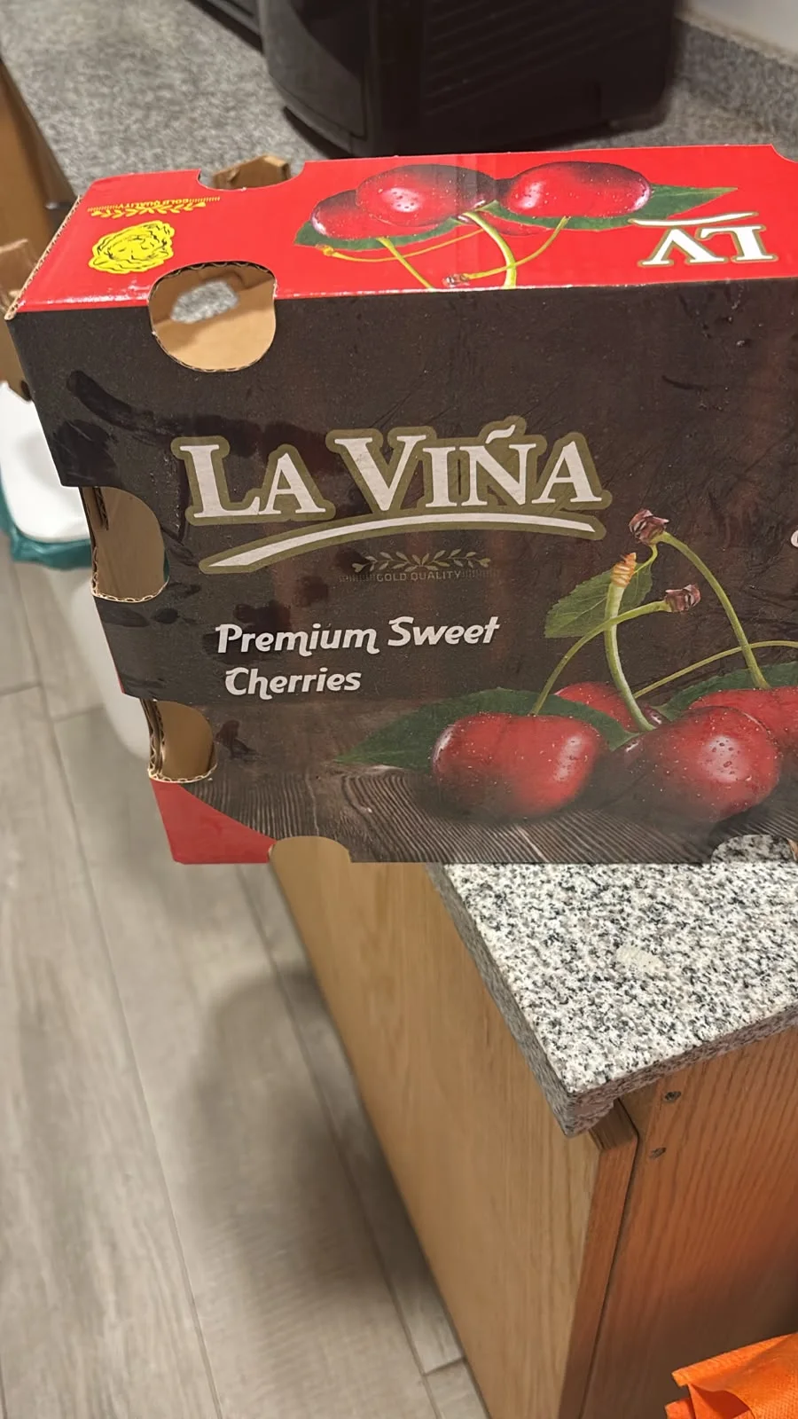 Red and black printed cherry carton supplied as a real box sample