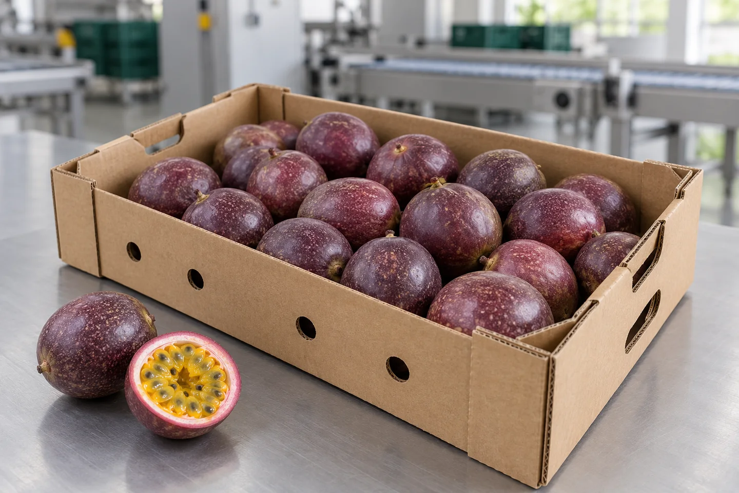 Purple passion fruit in an open corrugated produce carton, with a cut fruit showing yellow pulp, AI packaging illustration