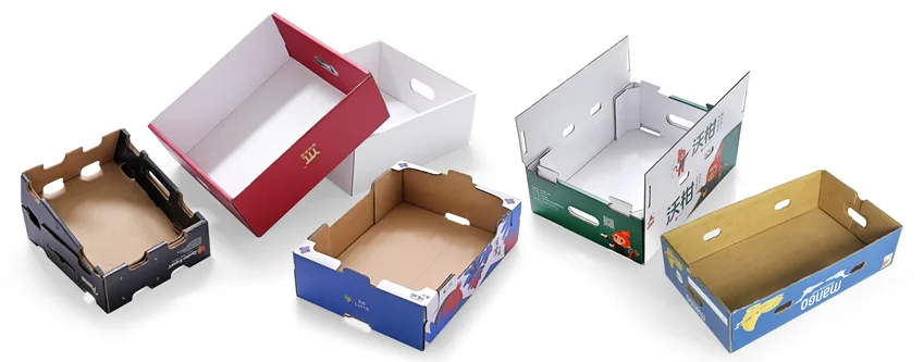 Real produce carton collection illustrating several corrugated tray structures
