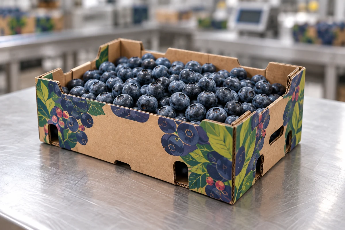 Illustration of blueberries in a printed corrugated fruit tray