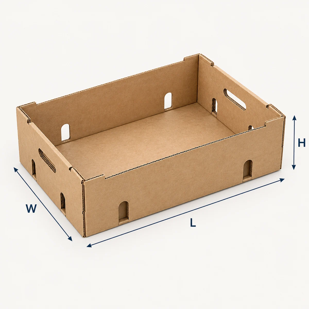 Illustrative empty corrugated fruit tray with length, width and height arrows