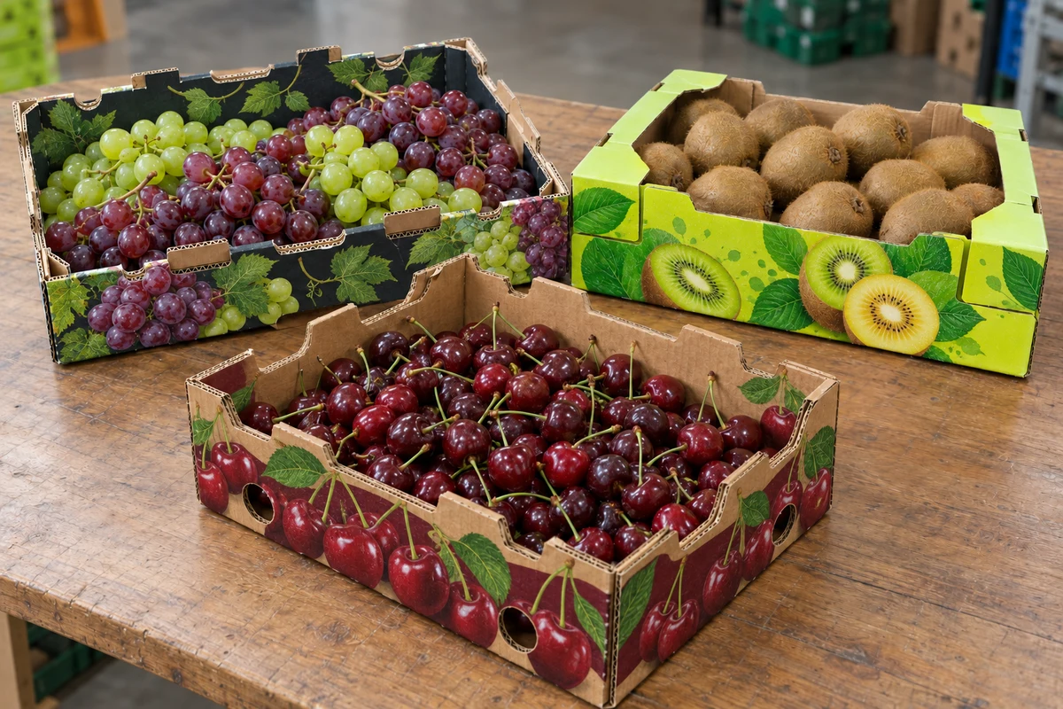 Corrugated fruit boxes filled with grapes, kiwifruit and cherries