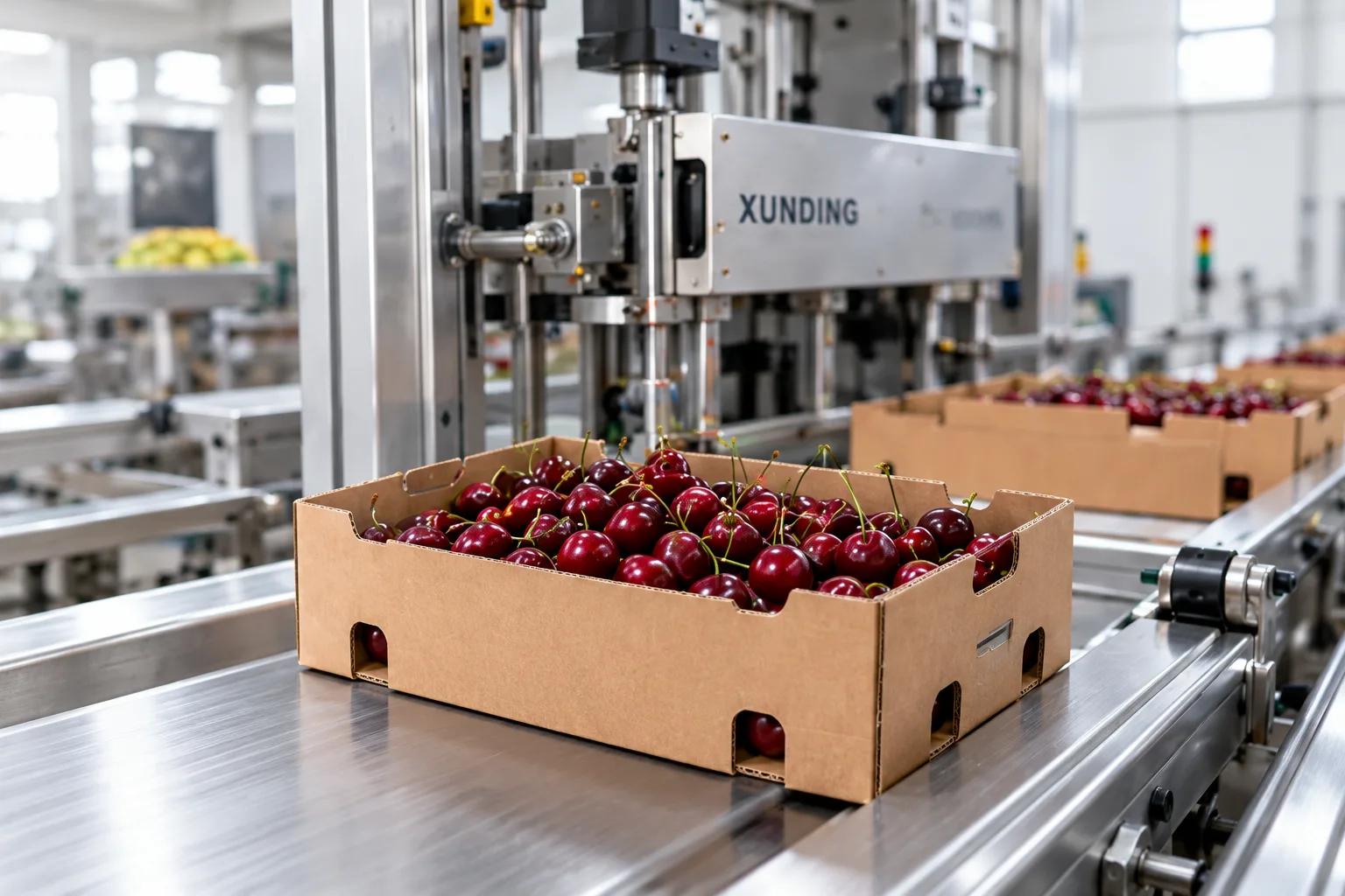 Illustrative cherry carton on a conveyor beside a fruit box forming machine