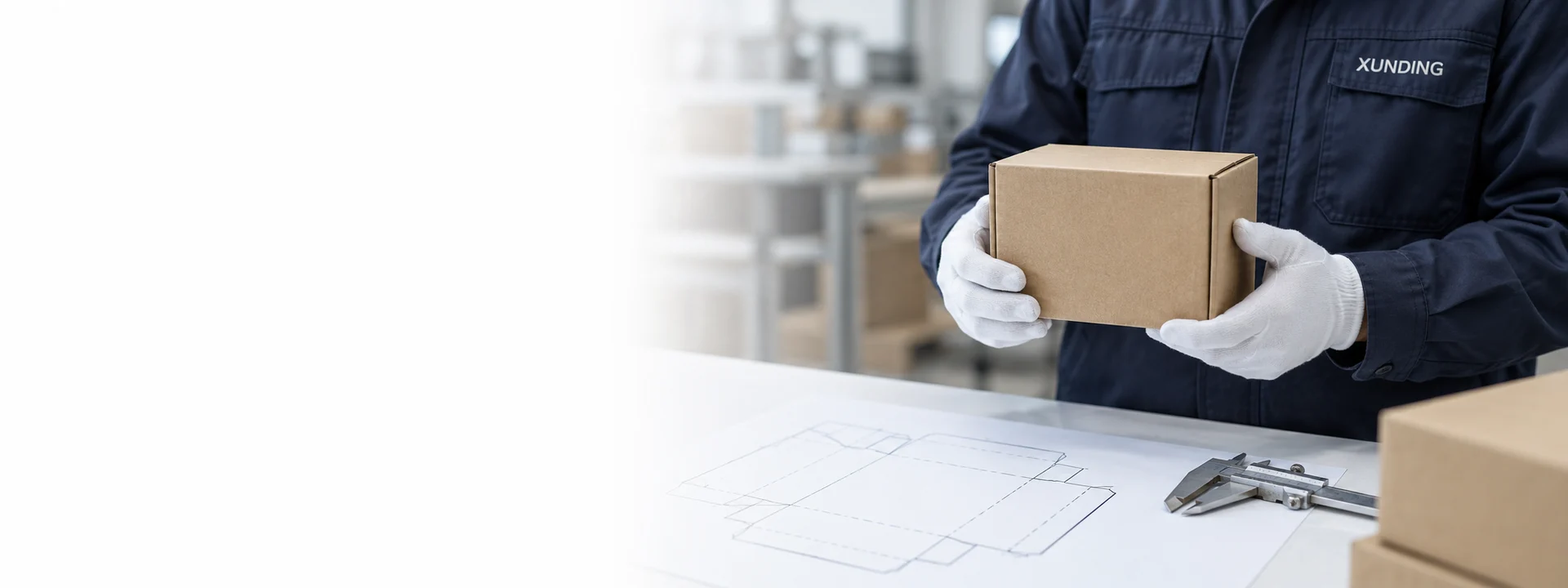 Illustrative packaging quality scene: a gloved worker holding a cardboard box above a drawing and caliper