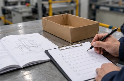 Scena illustrativa di un manuale, una lista di controllo degli appunti e campioni di vassoi per la documentazione