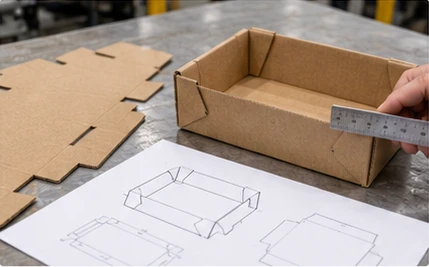 Scène illustrative d'un flan découpé, de plateaux pliés, de dessins au trait et d'une règle en acier pour la révision des dessins de boîtes