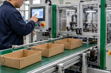 Scène illustrative d'un opérateur devant un écran de commande de machine avec des boîtes sur un convoyeur